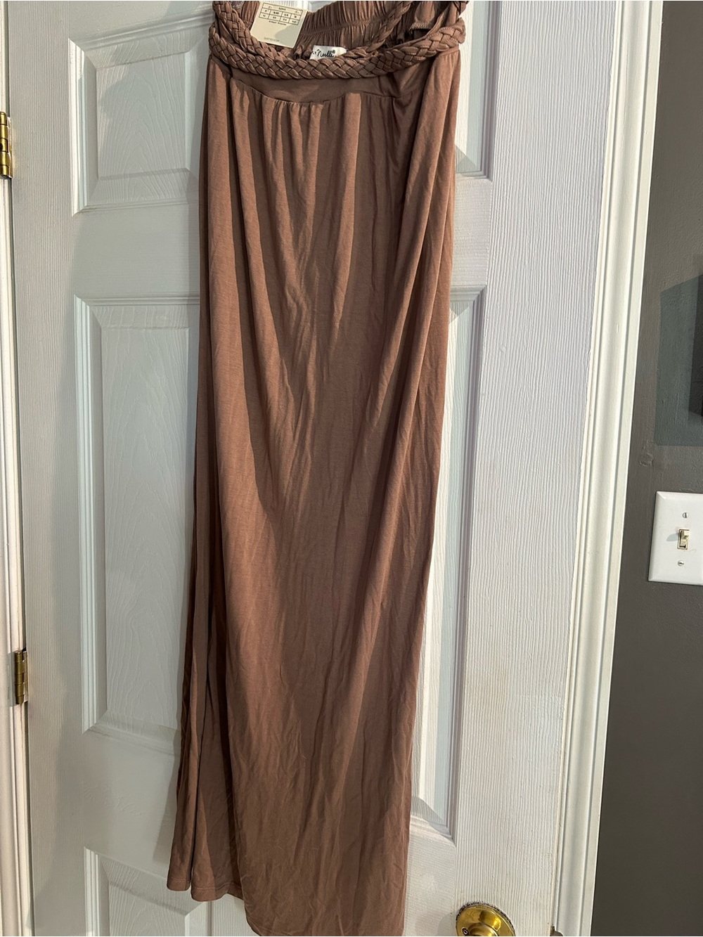 Noelle Braided-Waist Maxi Skirt in Mauve Brown